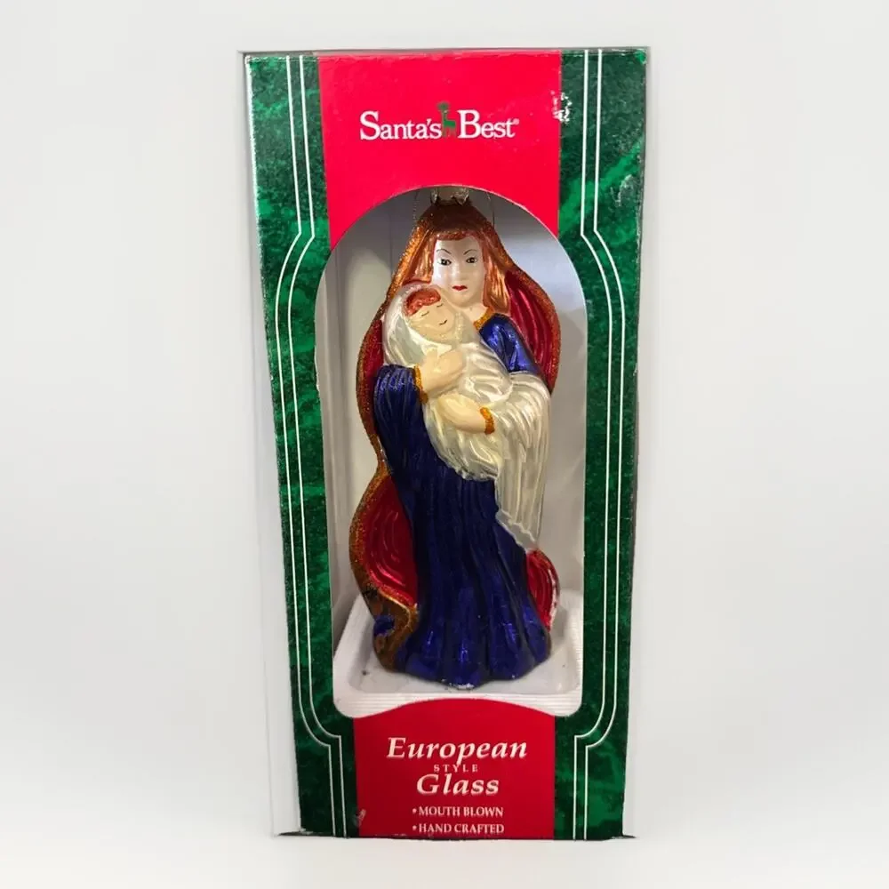 Vintage European Style Mouth Blown Glass 6 inch Ornament Virgin Mary Baby Jesus